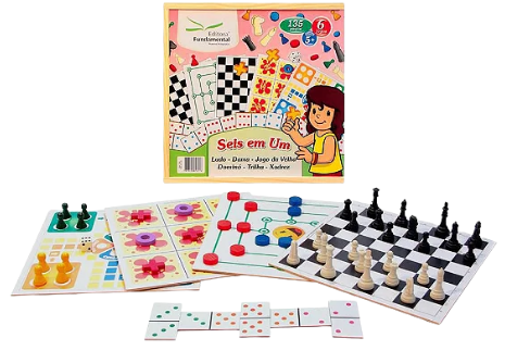 Jogo 6 em 1 — Dama, Trilha, Ludo, Jogo da Velha, Dominó e Xadrez